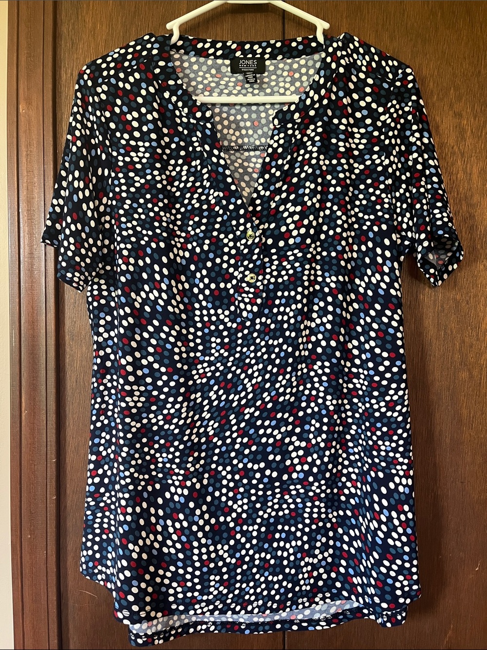 Jones New York Medium Navy Polka Dot Henley Short Sleeve Blouse